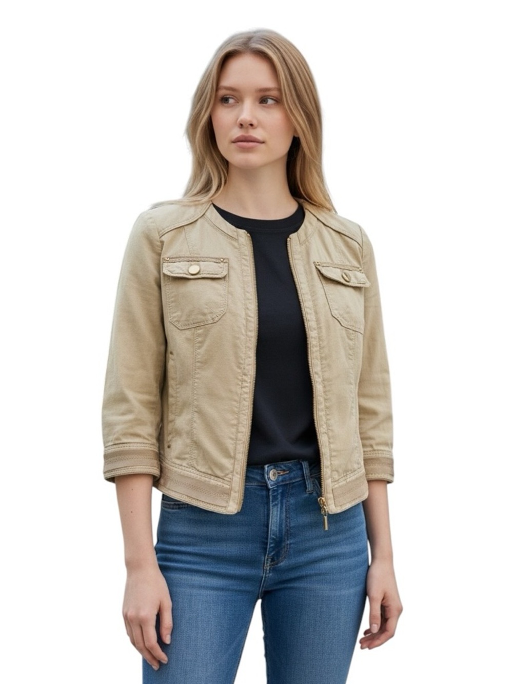 White House Black Market Beige Zip-Front Utility Jacket Topper Size 00 Linen